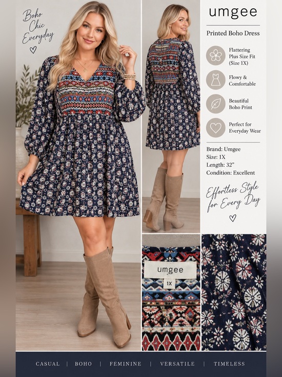 Umgee Dresses & Skirts - Umgee Boho Mixed Print Floral Dress Navy Size 1X 32” Excellent